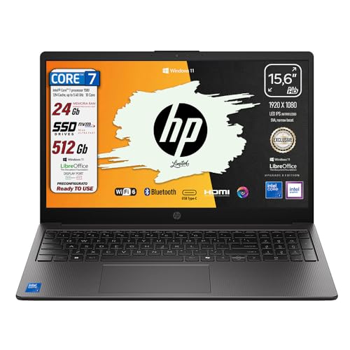 HP 250 G10, PC Portatile CPU Intel Core 7, fino a 5,4GHz, RAM 24GB, SSD 512Gb, Display 15.6 FHD, Wi-Fi 6, BT, WebCam, HDMI, Win 11, Pronto all'Uso, 2 anni di garanzia