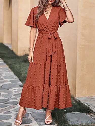 Image of MASCOMODA Women Boho Swiss Dot Maxi Dresses Wrap V Neck Flutter Short Sleeve Solid Tie Waist A Line Tiered Flowy Long Dresses