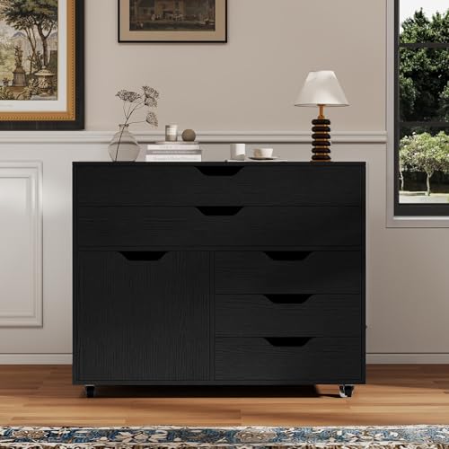COSTWAY Mueble Archivador de Madera con 5 Ruedas Universales, Cómoda de 5 Cajones con Puerta, Soporte de Impresora, Moderno Gabinete de Almacenaje Vertical Salon Estudio, Oficina (Negro) - imagen 7