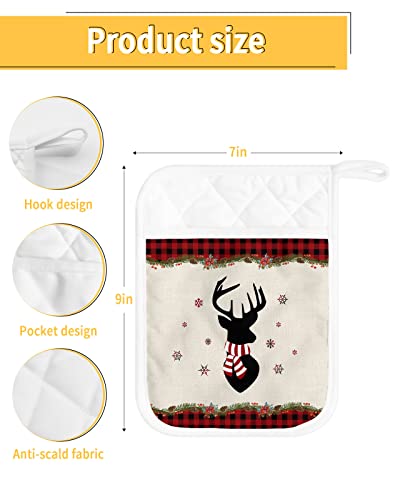 Xmas Reindeer Pot Holders With Pocket For Kitchen, Heat-Resistant Potholders Set Of 2, Hot Pads Oven Mitts With Hanging Loops For Home Cooking Baking Microwave, Christmas Buffalo Plaid #TOP2