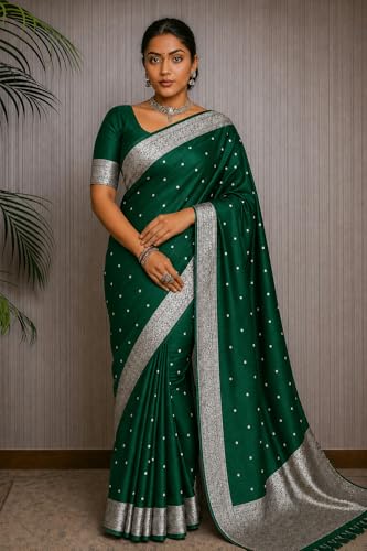 Image of Women's Glory Kanjivaram Banarasi Silk Saree with Polka Dot Embroidery Blend Woven Zari with Jacquard Woven Unstitched Blouse Piece.