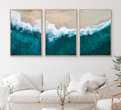 TRUYJXX 3Pcs Coastal Wall Art Pictures Beach Posters Beach Wave Canvas Prints Blue Ocean Beach Painting Modern Home Wall Decor for Living Room Bedroom Bathroom 16x24in Unframed - Image 2