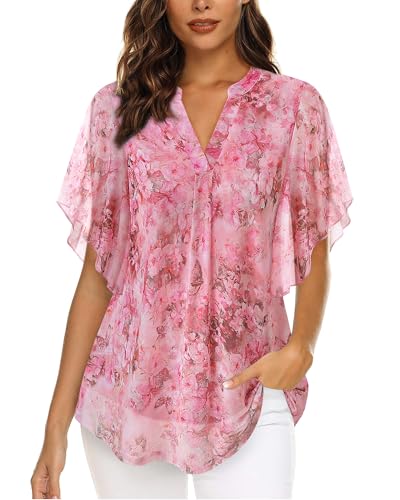 Image of Timeson Women's Short Sleeve V Neck Blouses Shirts Floral Double Layers Mesh Tunics Tops