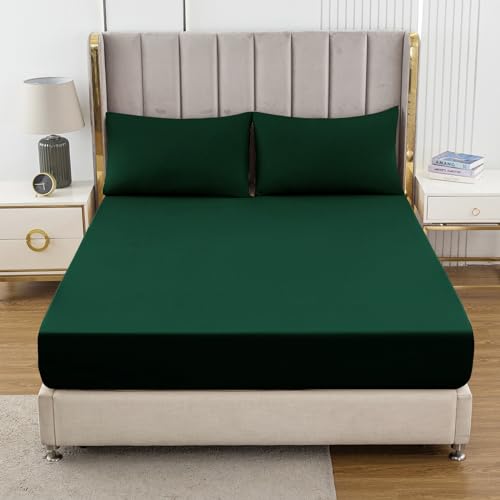 Soifox Double Fitted Sheet Dark Green, Bed Sheets with Extra Deep Pocket 16 inch (40 cm)