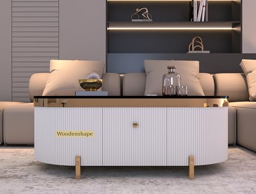 Image of Premium Marble-Top Center Table with One Storage Door and PVD Coated lron Legs and Coffee Table with Oval Design for Living Room and Entryway [ Modern coffee table ] ,42x24x18 Inch, (Black , white)