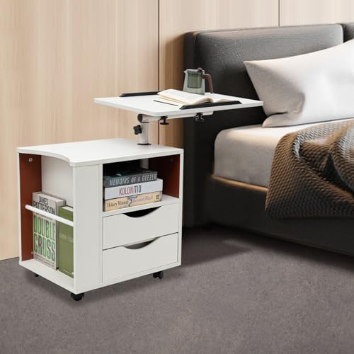 EurHomePlus Funktioneller Drehbarer Nachttisch, Multifunktionales Bücherregal, verstellbaren Multifunktionales Leseregal Mobiler Nachtschrank mit Rollen, Nachttisch mit 2 Schubladen (Weiß)