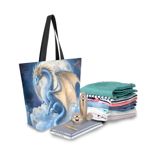 Extra Large Shoulder Tote Bag for Beach Travel Weekender Gym Dragon Blue Big Moon Reusable Grocery Canvas Shopping Bag3