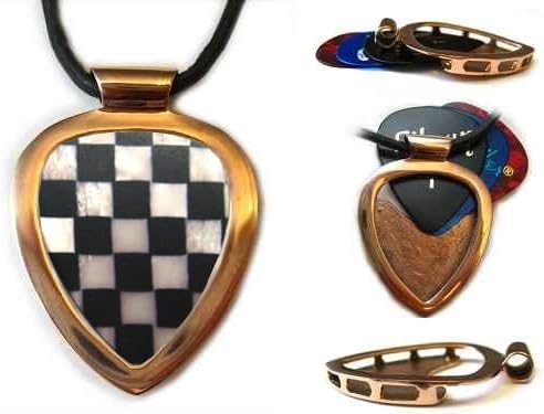 Red Gold IPG Guitar PICK Holder pendant w Vintage Checkerboard Guitar pick w 27' adjustable 3mm leather cord necklace