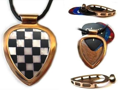 Red Gold IPG Guitar PICK Holder pendant w Vintage Checkerboard Guitar pick w 27' adjustable 3mm leather cord necklace