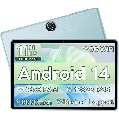 Android 14 Tablet, 11 inch Tablets, Octa-Core, Tablet PC with 12GB RAM 128GB ROM 1 TB Expansion, 8000mAh Battery, Fast Charging, GMS Certified, FM, GPS, WiFi, BT 5.0,Dual Camera, Face ID (Blue) Cover