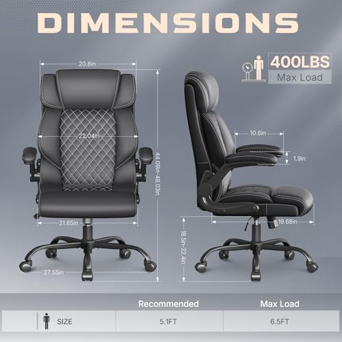 Image of Office Chair-Executive High Back Breathable Big and Tall Office Chair Flip-up Armrests Lumbar Support-Ergonomic Leather Rolling Swivel Chair with Rock Function for Working Studying Gaming,Black
