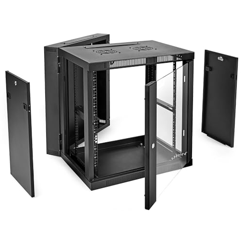 Image of NavePoint 12U Cabinet with Hinged Back - 17.7 inch Deep, Server Rack Enclosure with Locking Glass Door, Wall Mount Rack with Removable Side Panels, Network Cabinet with 2 Fans, Assembled