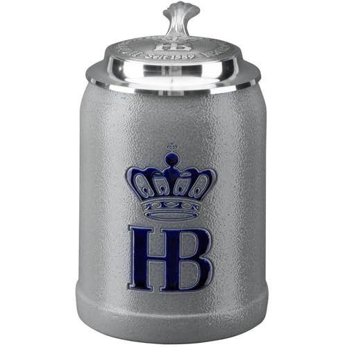 Hofbräuhaus München Chope à bière en pierre 0,5 l avec couvercle en étain | Chope à bière avec logo HB, pichet, idée cadeau pour homme et femme (avec couvercle en étain, 0,5 l (1 pièce))