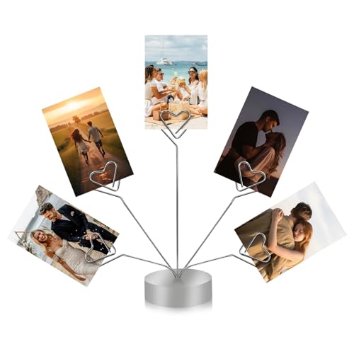 Support photo en forme de cœur contenant cinq clips, support d'arbre argenté pour photos de bureau, support d'arbre cadeau pour fête, base ronde adaptée...