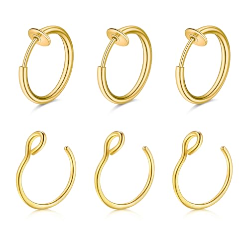 Briana Williams Fake Nose Ring Hoop Spring Clip On Nose Ring Lip Piercing Set - Gold 6 Pieces