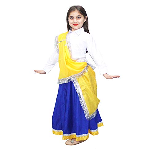 Image of Kaku Fancy Dresses Indian State Haryanvi Dress Costume for Girls, Haryanvi Dance Lehenga Polyester Yellow & Blue, 10-12 Years