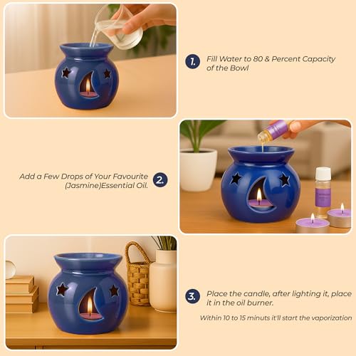 Image of Floryn Decor Ceramic Oil Diffuser Set with 5ml Essential Oil & 2 Tealight Candles | Aromatherapy Burner for Home, Bedroom, Spa & Office | Relaxing Fragrance, Compact Size - Gift Pack Blue