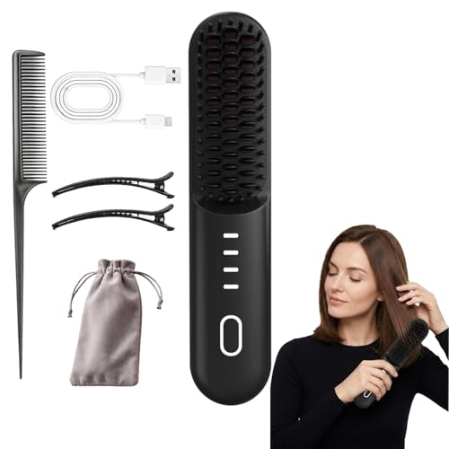 Flown Go Brush Pro Cordless Straightening Brush, Fast Heating, 3 Temp Settings with 300m Negative Ions for Frizz-Free Styling，Portable Travel Styling Tool，USB-C Rechargeable