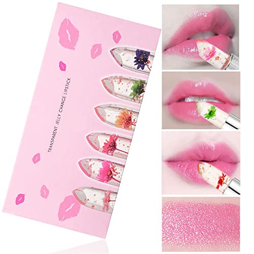 Superthinker Crystal Jelly Flower Lipstick - Moisturizer Clear Lip Gloss Balm Color Changing With Temperature Mood Lipstick Include Benefit Vitamin - Pack Of 6 (Pink) #TOP2