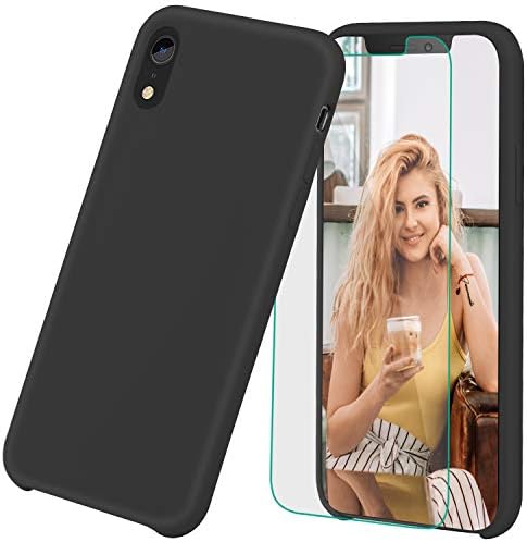 Case for iPhone XR, ProBien Liquid Silicone Protective Cover Tempered Screen Protector Shockproof Silica Gel Shell Compatible with 6.1 Inch 2018 Released-Black