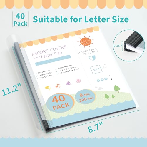 Image of Heavyduty Clear Report Covers with Sliding Bars, 70 Sheet Capacity, 40 Pack | Clear Report Covers for A4 and Letter Size, 9 mm Bars, 8 Mil Thick, Black, for Resumes, Presentations, School and Business