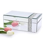 Tolida Mirrored Jewelry Box with Silver Crushed Diamonds, Glass Jewerly Box with Black Inner Velvet Necklaces Earrings Rings Storage Case for Dresser Desktop Party Brithday Gift, White Side Diamond