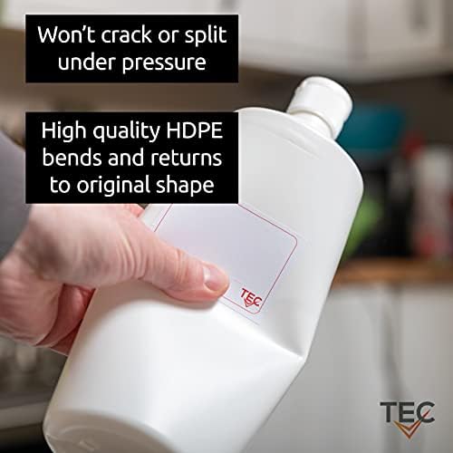 TEC Plastic Bottles Empty Containers 1 Litre 8 Pack HDPE 28mm Neck With Non Leak Screw Cap Lids and Labels for Water Chemicals Liquid Refillable Reusable Carrier 30% Recycled