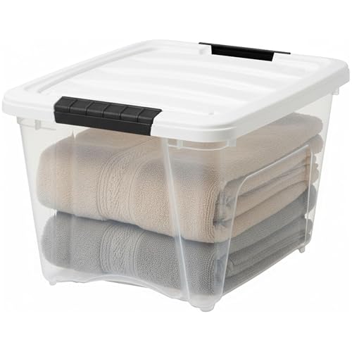 Image of IRIS USA 19 Qt Stackable Plastic Storage Bins with Lids, 12 Pack - BPA-Free, Made in USA - See-Through Organizing Solution, Latches, Durable Nestable Containers, Secure Pull Handle - Clear /White