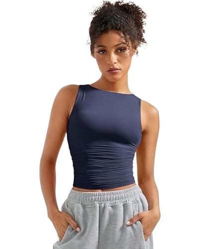 Image of SIGHTBOMB SOFTLINE Feather Touch Double Lined Boat Neck Ruched Waist Microfiber Cuddle Baby Sleeveless TEE for Women