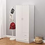 Panana Wooden 2 Door 2 Drawer Wardrobe with Shelf and Hanging Rail Modern Clothes Storage Cupboards Unit for Bedroom Furniture W 77 * D 50 * H 180cm (White)