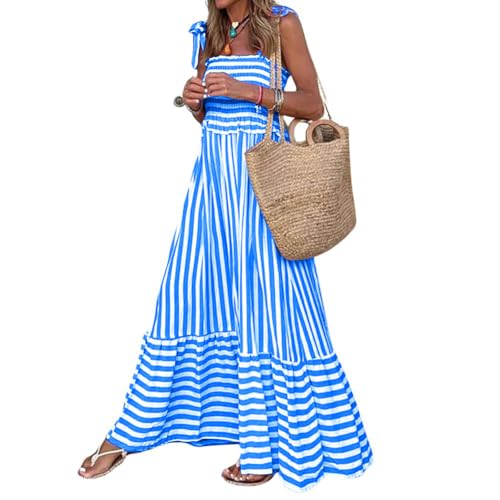 chouyatou Women's Boho Striped Smocked Maxi Dress Sexy Spaghetti Strap Ruffle Hem Flowy Swing Long Dress with Pockets (X-Small, Blue)