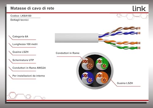 Link LK6A100W - Matassa Cavo Rete Categoria 6A Non Schermato Utp AWG24 Halogenfree Flessibile Colore Bianco MT.100, Cavo Intestato Da Ambo I Lati - 8