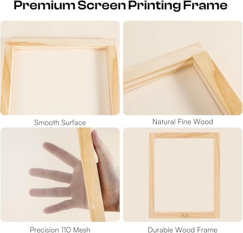 Image of Caydo Screen Printing Frame with Screen Printing Squeegee | for T-Shirts, Backpacks, Handbags DIY Printing, 10 x 14 Inch Wood Silk Screen with 110 White Mesh