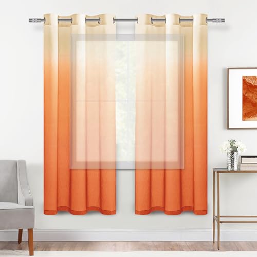 DWCN Orange Ombre Sheer Curtains 63 Inch Long for Living Room 2 Panels Set