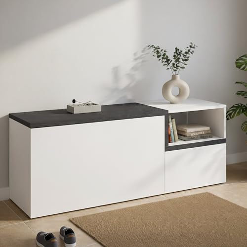 Dmora - Mobilier d'entrée Flavio, Entrée multifonction moderne, Casier polyvalent pour hall d'entrée, 100% Made in Italy, 120x40h54 cm, Blanc brillant et ardoise