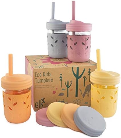 Elk and Friends Kids & Toddler Cups | The Original Glass Mason jars 8 oz with Silicone Sleeves & Silicone Straws with Stoppers | Smoothie Cups | Spill Proof Sippy Cups for Toddlers