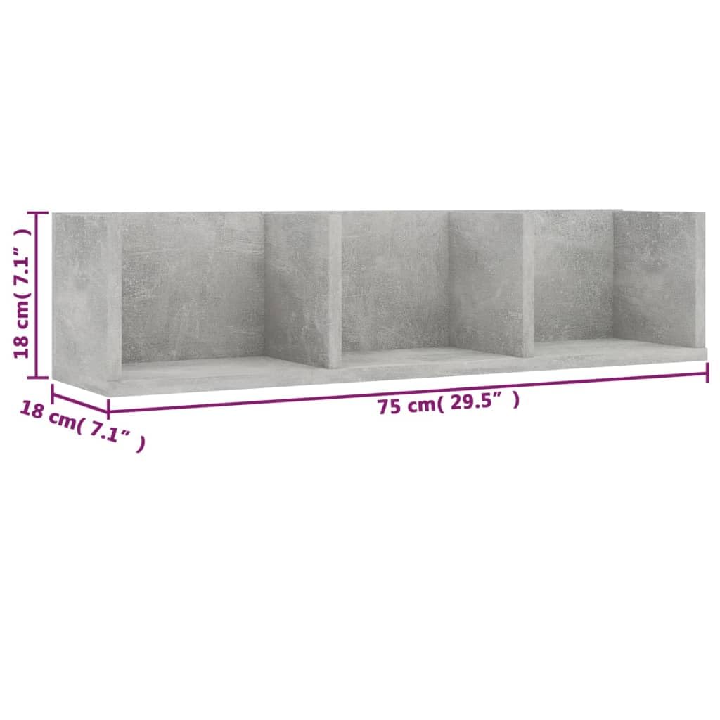 Mensola da parete per CD, grigio cemento, 75 x 18 x 18 cm, in robusto legno con tre scomparti aperti per CD, DVD, dischi in vinile e accessori, soluzione di archiviazione, raccolta musicale