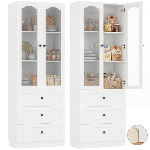 Image of Cyclysio 80 inch Tall Pantry Cabinet for Kitchen Storage, White Pantry Cabinet with Glass Doors & 3 Drawers - Freestanding Storage Bookcase with Built-in Baseboard Notch for Dining, Living Room