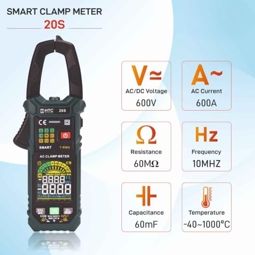 Image of HTC Instrument 20S 600A AC Smart Clamp Meter (T-RMS) with Frequency, Temperature, Capacitance, AC /DC Voltage and built in Flashlight Smart Clampmeter 6000 Counts