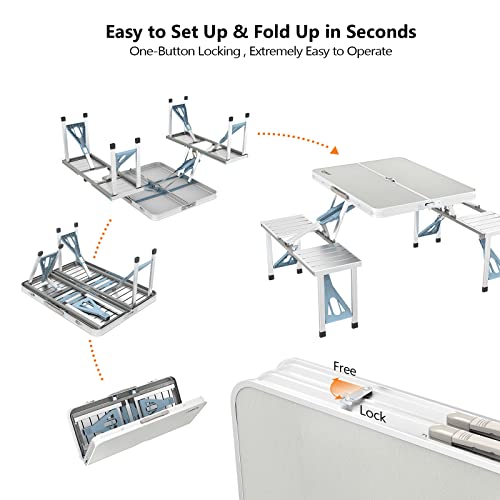 Vingli 4Ft Folding Camping Picnic Table With Seats/Umbrella Hole-265 Lbs Support That Lightweight And Fold Up Card Suitcase Table Aluminum Alloy Frame, Rv Tabletop With Soft Handle #TOP5