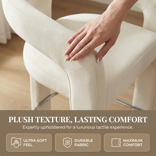Image of HNY Modern Barrel Bar Stools Set of 2, 26 Inch Upholstered Velvet Counter Height Barstools with Open Back and Armrests, for Kitchen Island, Home Bar, Dining Room, No Assembly, Cream