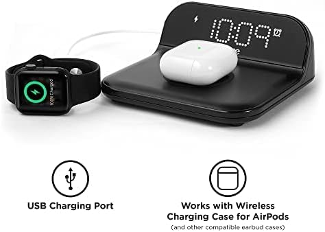 iHome Alarm Clock showing USB charging port and wireless charging for AirPods