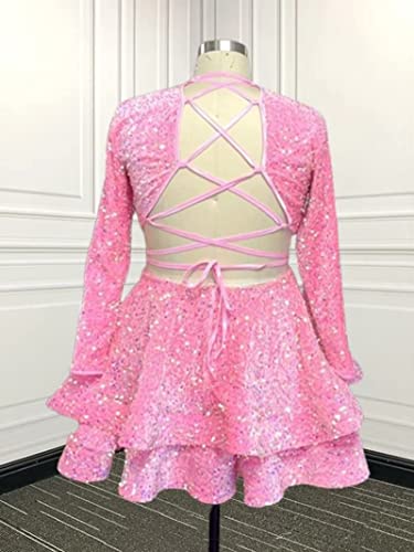 Huutoe Deep V Neck Black Short Prom Dress Long Sleeve Sequin Teen Dress Short Ruffle Backless Girls' Special Occasion Dresses Black Homecoming Dresses Xs Us2 #TOP3