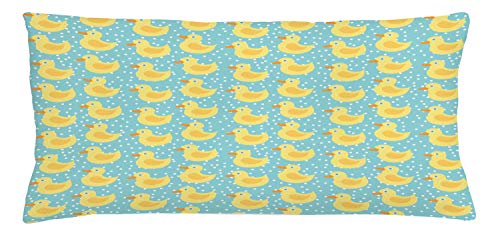 Lunarable Duckies Throw Pillow Cushion Cover, Abstract Cartoon Style Illustration Blue Eyed Rubber Ducks with Dotted Background, Decorative Rectangle Accent Pillow Case, 36