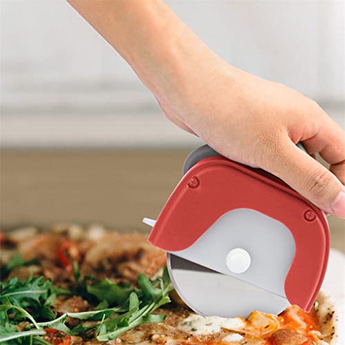 Image of P-Plus International Pizza Cutter and Serving Turner - Pizza Serving Turner - Pizza Cutter Tool - Pizza Spatula - Pizza Cutter Wheel (Set of 2, Pizza Cutter - Red)