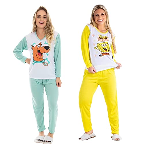 Kit 2 Pijama Feminino Estampado Longo Roupa de Dormir Americano Frio