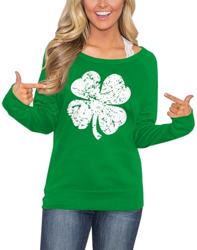For G and PL St. Patrick's Day Round Neck Crewneck Women's Sweatshirt Ireland Four Leaf Pullover Casual Tops Clover M