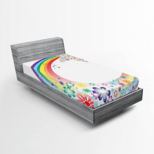 Ambesonne Abstract 2 Pack Fitted Sheet, Nature Spring Floral, Bed Cover All-Round Elastic Deep Pockets 2 Pieces, Package Contains 2 Twin Size Fitted Sheets, Rainbow Colors
