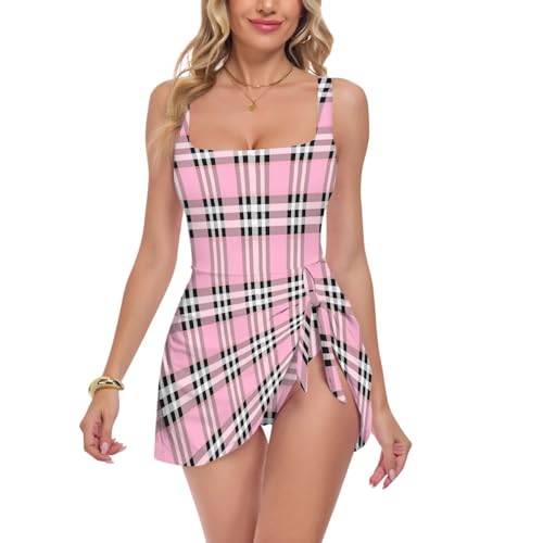Maillot de bain carreaux noir blanc rose 1 pièce jupe amovible double bretelles femme