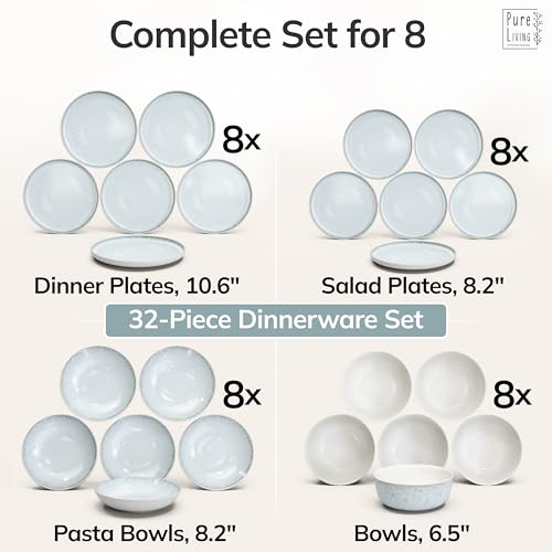 Image of 32 Piece Stoneware Dinnerware Set for 8 - Handmade Reactive Glaze Plates and Bowls Set - Chip & Scratch Resistant Dish Set - Dishwasher Microwave Safe - Light Beige & Blue